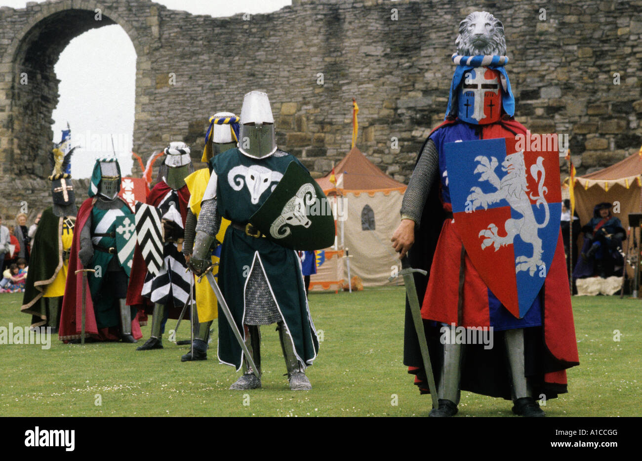 Re Enactment schirmt mittelalterlichen Ritter Wappen Stockfoto