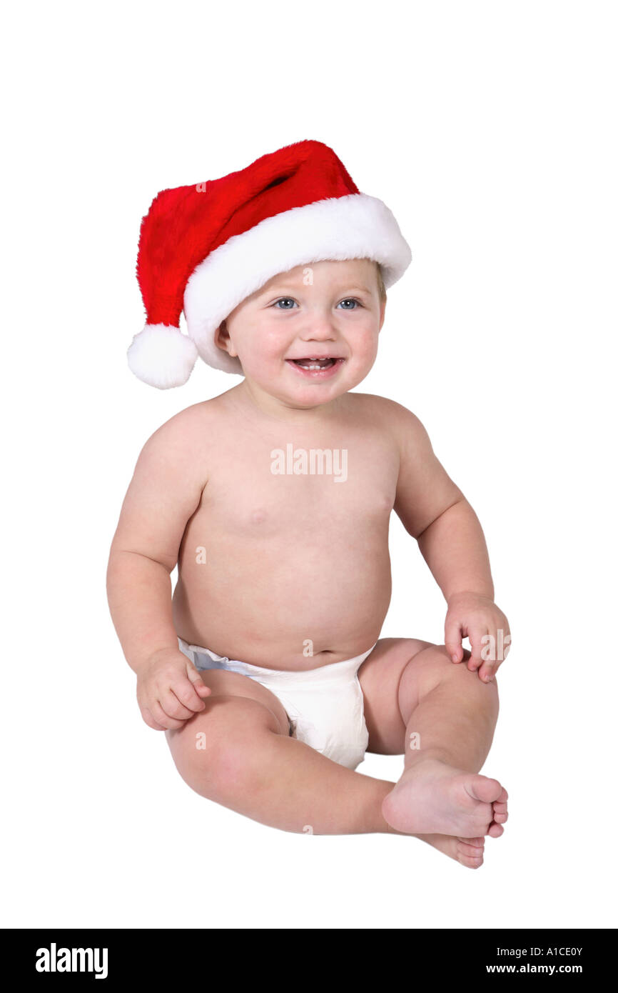 1 Jahr altes Baby mit Weihnachtsmütze Stockfoto