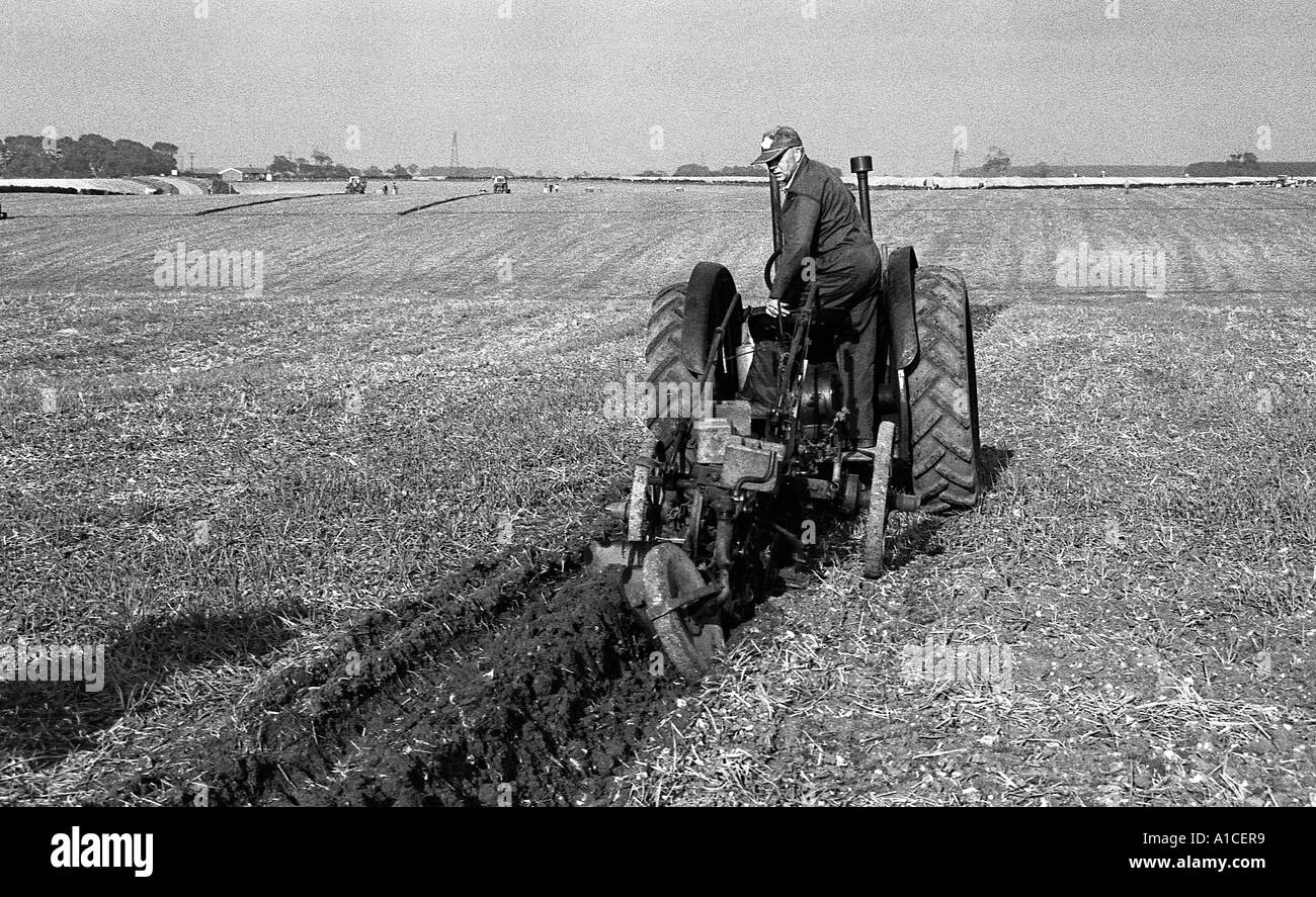 Mann im Wettbewerb fahren, alten Traktor und Pflug Pflügen. Stockfoto