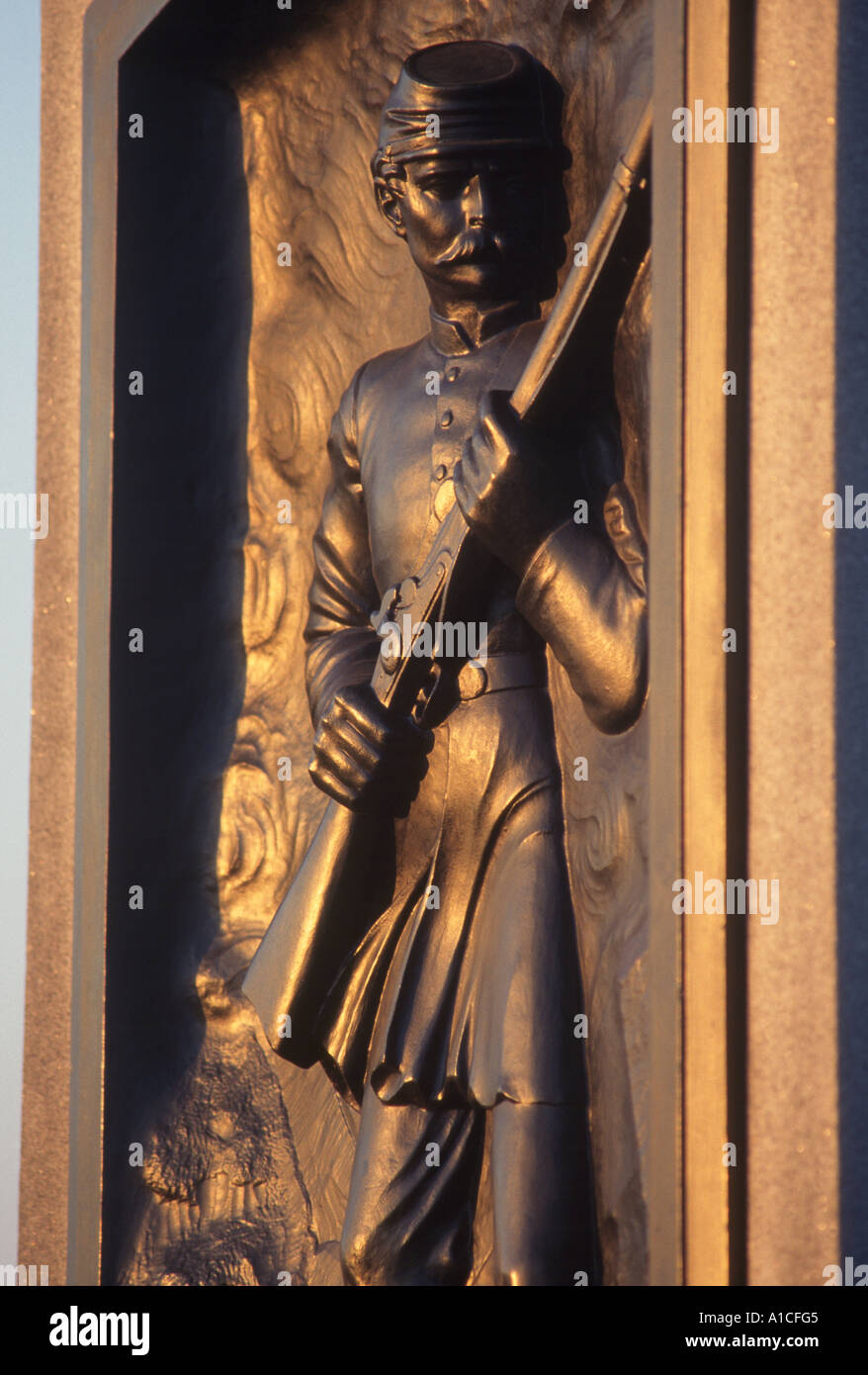 Massachusetts Infanterie-Soldat-Denkmal in der Nähe von The Winkel auf dem Bürgerkrieg Schlachtfeld von Gettysburg in Pennsylvania. Stockfoto