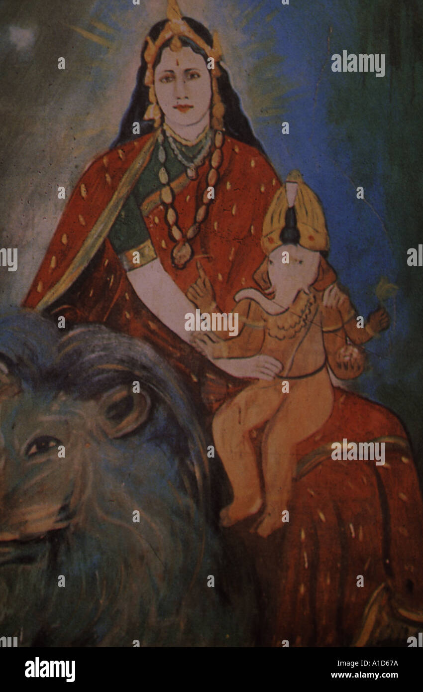 Alte indische Volkskunst, die einen jungen Ganesh mit seiner Mutter Parvati, der hinduistischen Göttin der Fruchtbarkeit, Liebe, Schönheit, Harmonie, Ehe, darstellt. Stockfoto Alte indische Volkskunst, die einen jungen Ganesh mit seiner Mutter Parvati, der hinduistischen Göttin der Fruchtbarkeit, Liebe, Schönheit, Harmonie, Ehe, darstellt. Stockfoto