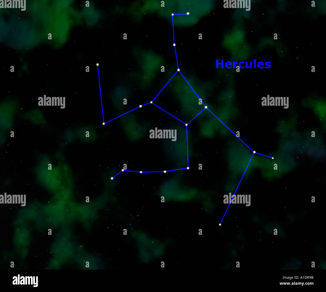Hercules-Konstellation zeigt Namen und Zeichen Stockfoto