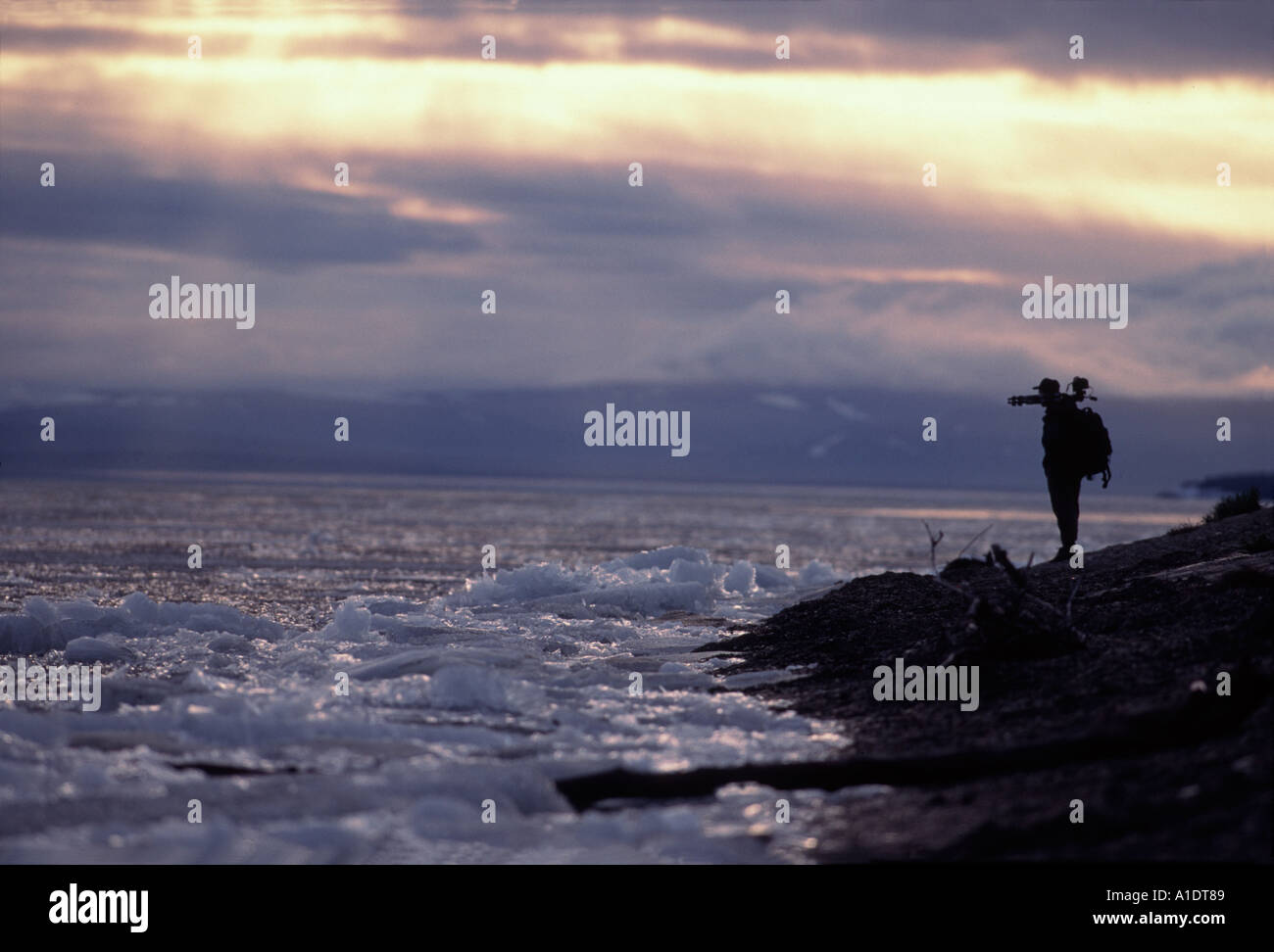 Fotograf wartet am Ufer des Kotzebue-Sound Alaska Stockfoto