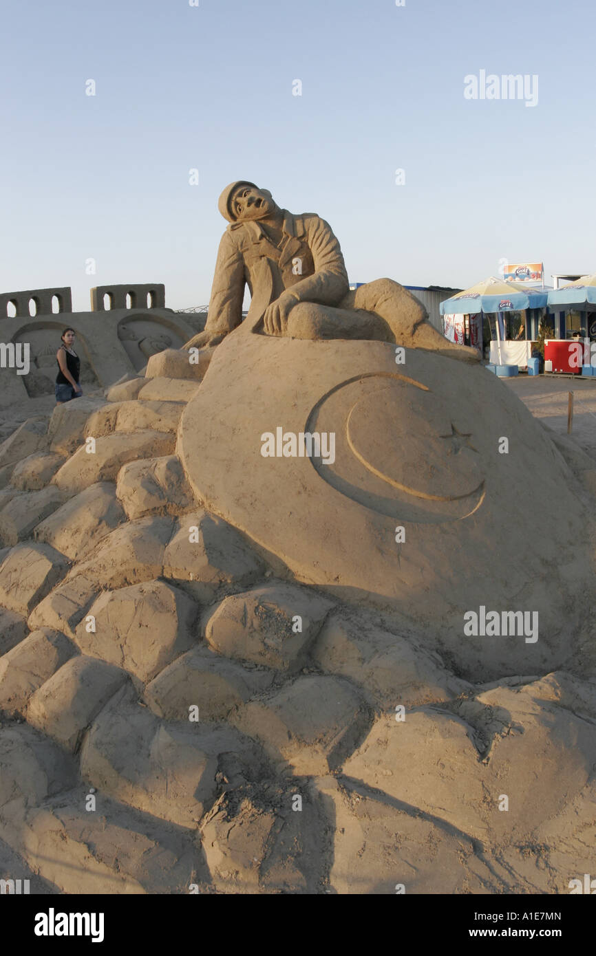 Schlacht von Gallipoli Sand Skulpturen auf dem Sand Stadtfest am Lara Strand, Türkei, an Riviera, Lara Beach, Antalya Stockfoto