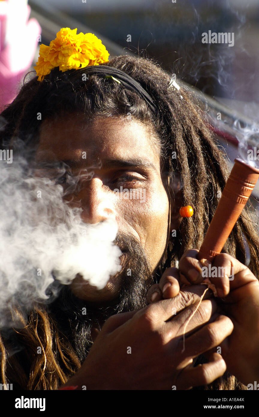 Gesicht-Porträt Lächeln Sadhu indischer Mann mit Haschisch Pfeife rauchen und Dreadlock Haare, Vashist, Indien Stockfoto