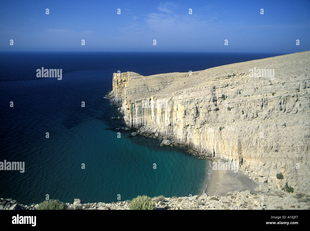 Die Halbinsel Musandam blickt auf die Straße von Hormus, die zum Persischen Golf führt Stockfoto