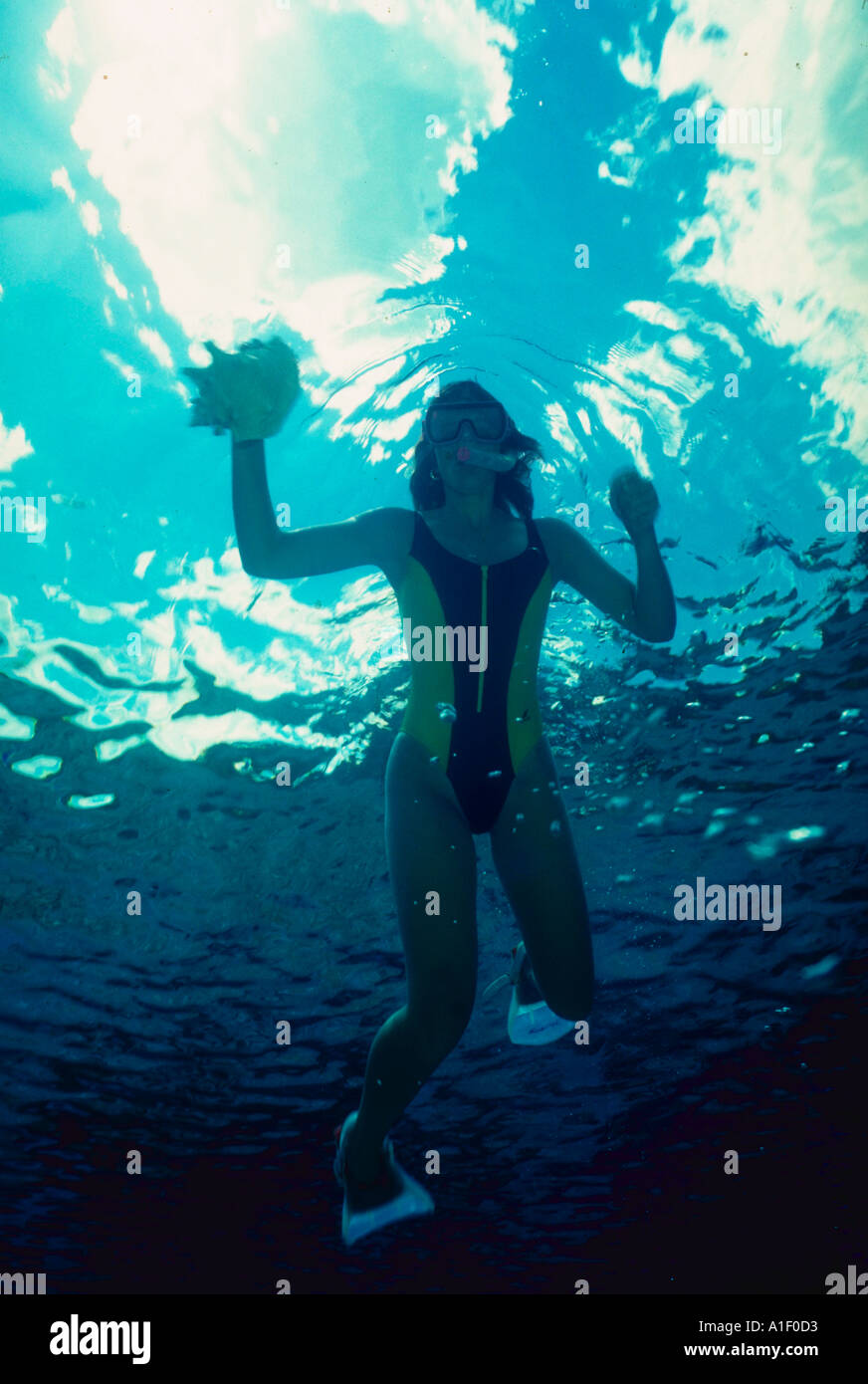 Frau mit Schale mit Schnorcheln Unterwasser-Blick Stockfoto