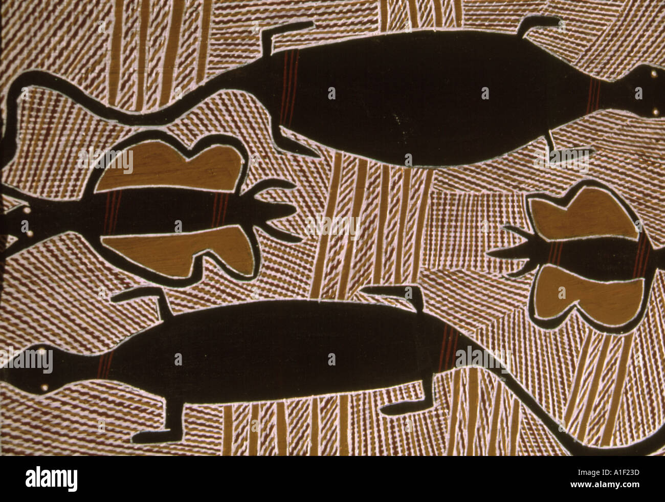 Schlangen, Goannas, Kängurus und andere Kreaturen Busch Figur in dem träumenden Thema Aborigine-Gemälde in Zentralaustralien. Stockfoto