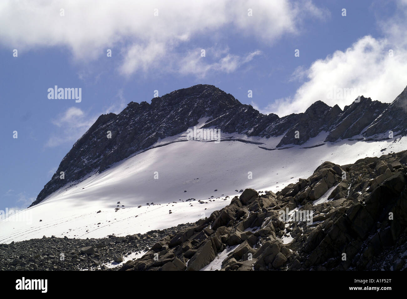 Ansicht der Nordhang Gletscher Dhauladhar Range von Indrahar Pass, indischen Himalaya aus gesehen Stockfoto