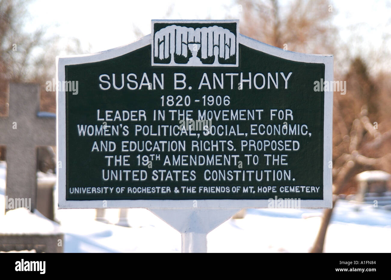 Zeichen markieren Susan B Anthony Grab in Mt Hope cemetery Stockfoto