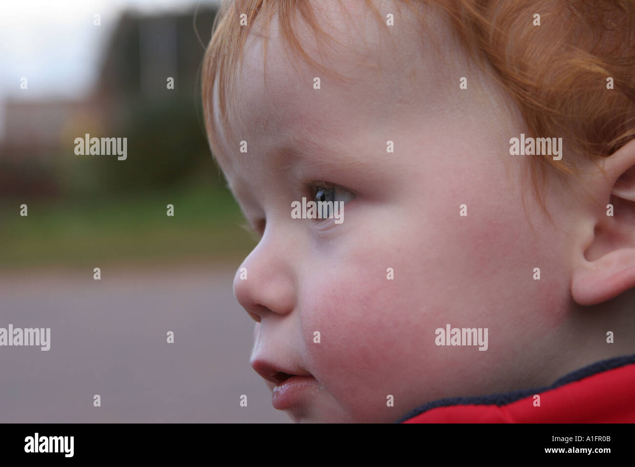 Baby mit roten Haaren tragen einen roten Körper wärmer außen Looking Weg von der Kamera zu spielen Stockfoto