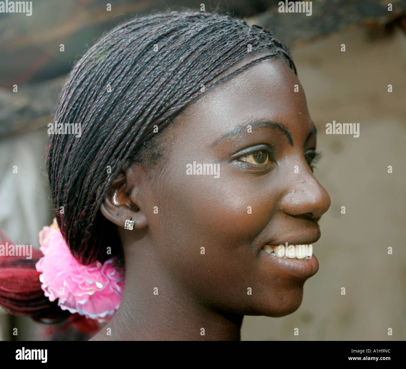 Attraktive junge Fula Frau mit geflochtenen Haaren gebunden zurück Saravati Dorf Gambia Stockfoto