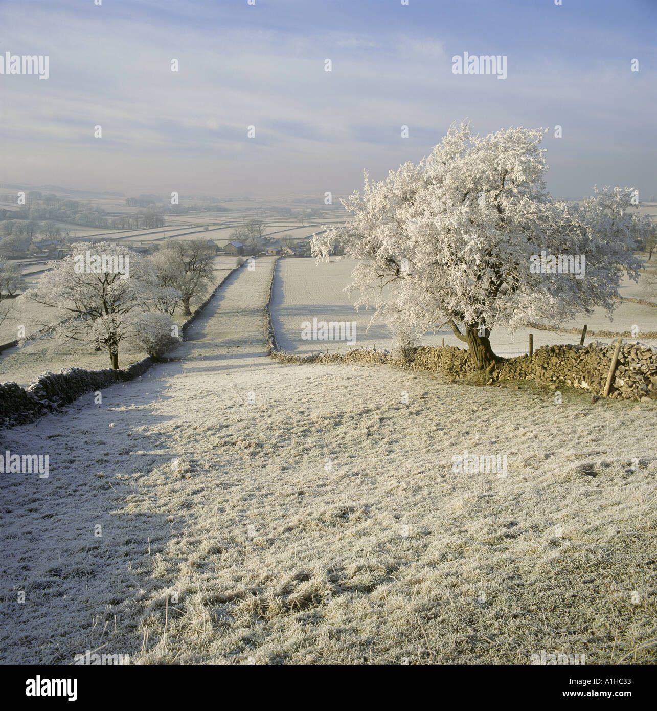 Blick über eine verschneite Landschaft bis zum fernen nebligen Horizont bei Chelmorton Derbyshire Stockfoto