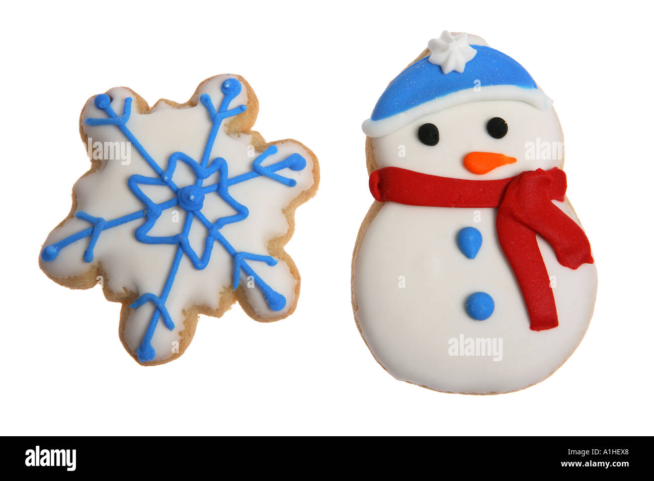 Schneemann und Schneeflocke cookies Stockfoto