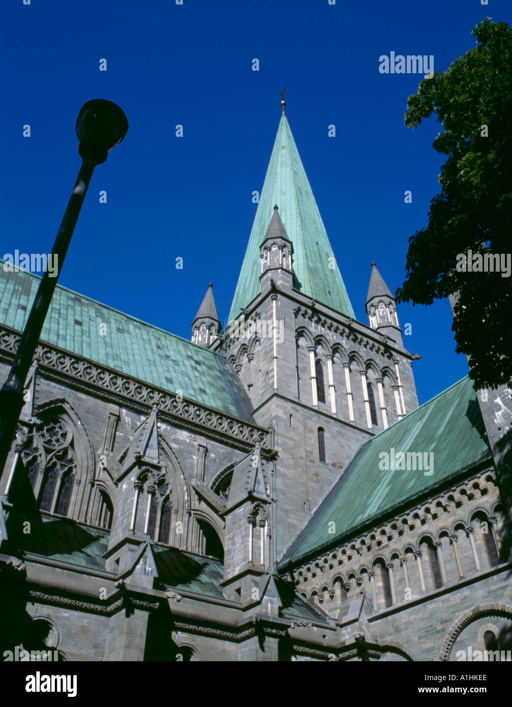 Turm und Südfassade des Nidarosdom (Nidaros Kathedrale), Trondheim, Sør-Trøndelag, Norwegen. Stockfoto