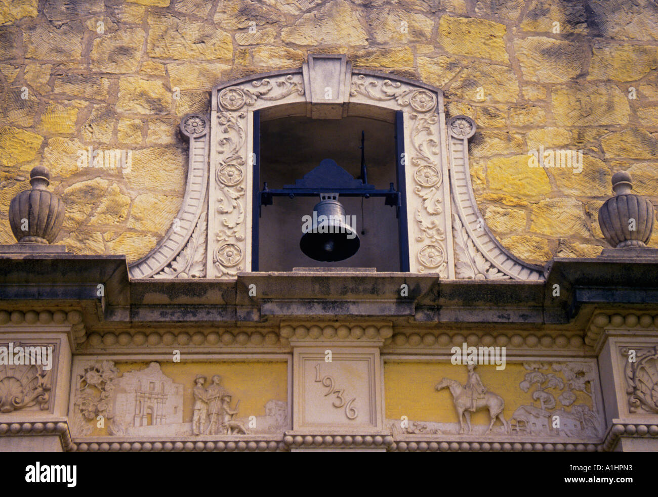 Die Alamo Mission Glocke in San Antonio, Texas, USA. Texas Revolution. Mission San Antonio de Valero, Davy Crockett, Jim Bowie und William B Travis Stockfoto