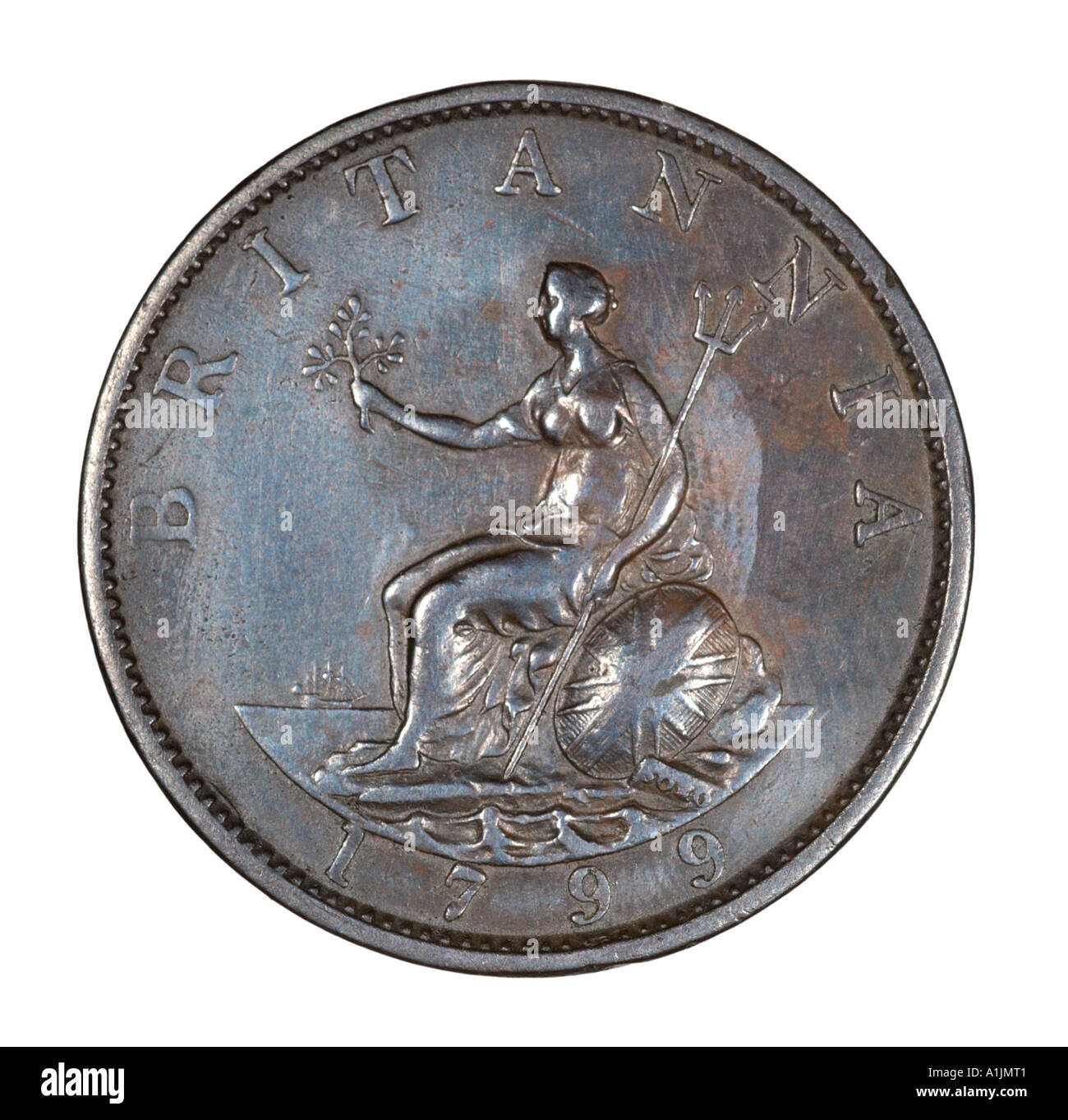 König George III 3 Reg Fid Def Pre Dezimal halben Penny alte Pence P 1799 Kupfer hell Britannia Schild Trident Meer Helm Flagge Stockfoto