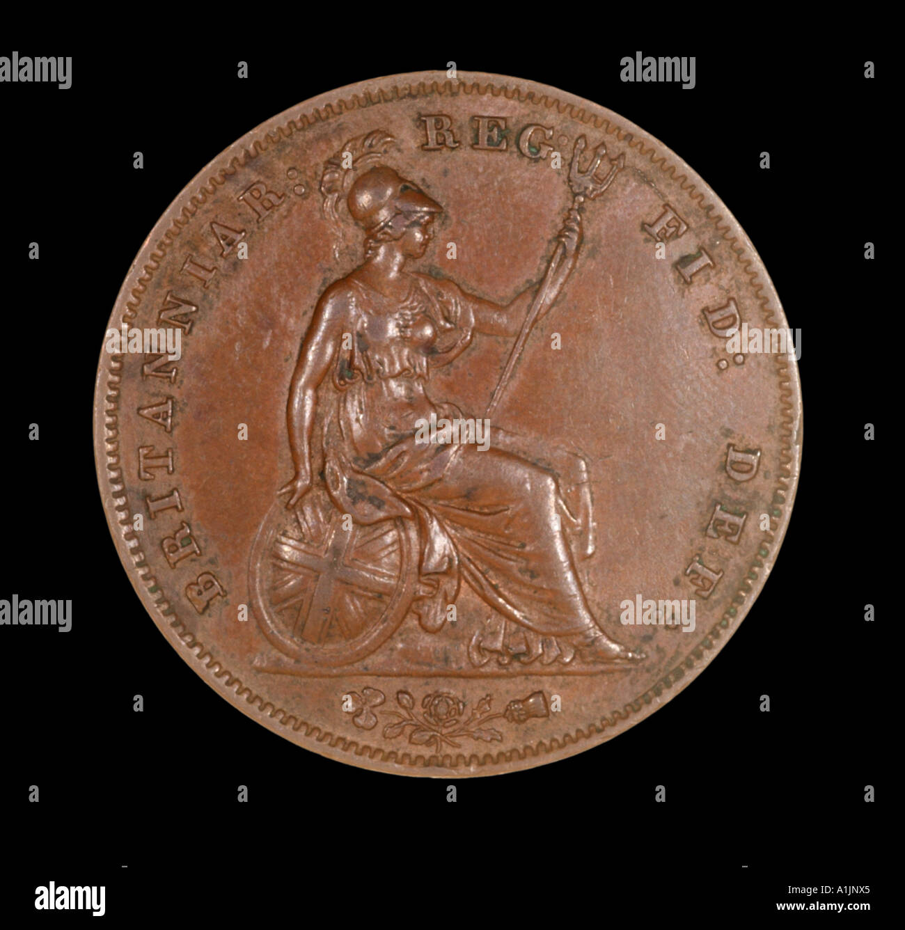 einen Penny Victoria Victorian Queen Kaiserreich Witwe königlichen Bronze junge Brötchen 1858 Britanniar dei Gratia Fid Def Reg 240 Stockfoto