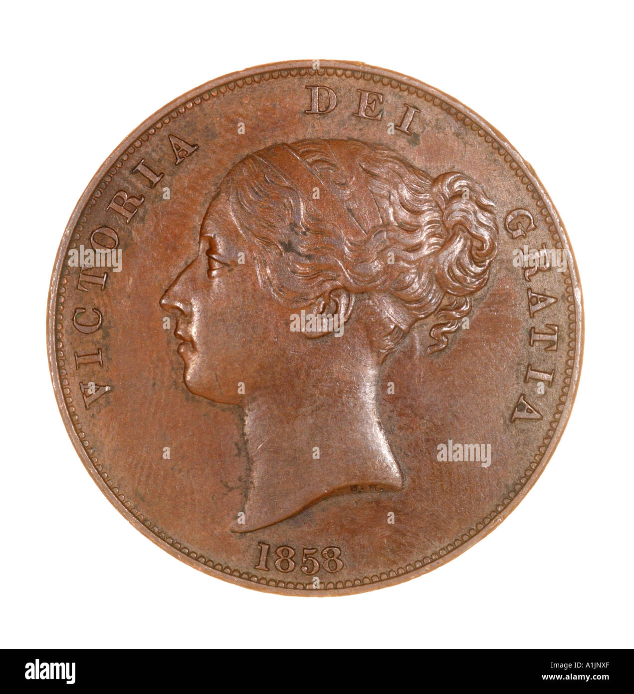 einen Penny Victoria Victorian Queen Kaiserreich Witwe königlichen Bronze junge Brötchen 1858 Britanniar dei Gratia Fid Def Reg 240 Stockfoto