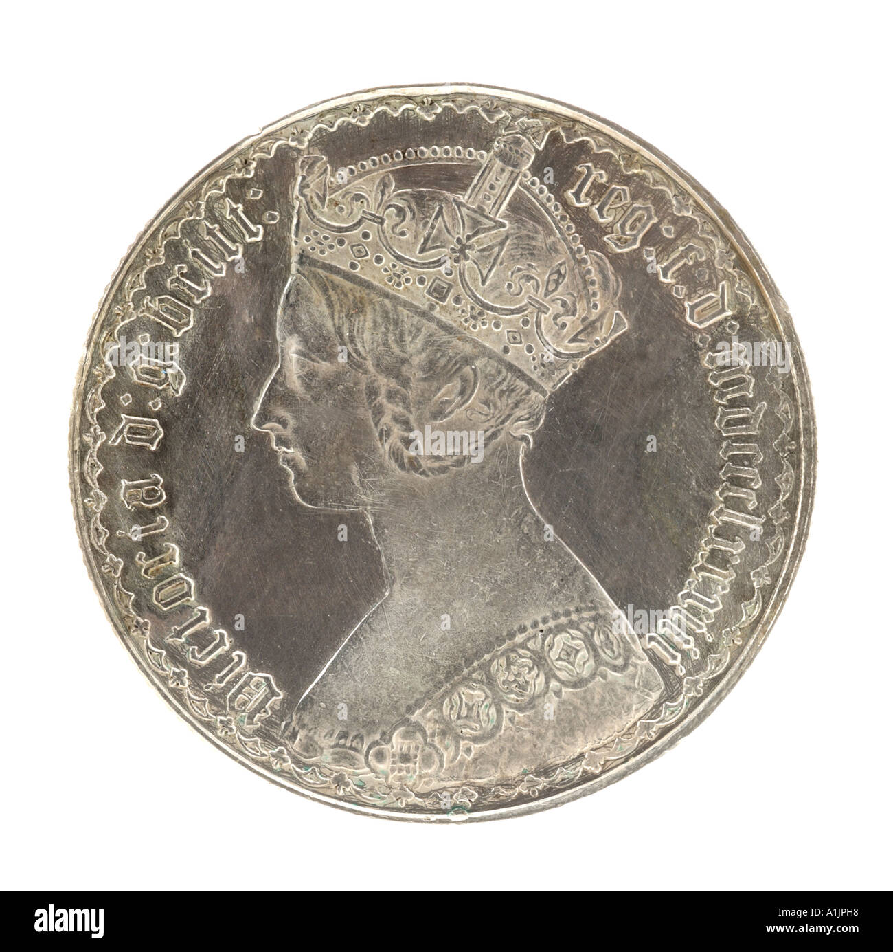 ein Florin zehnten Pfund Victoria Victorian Queen Kaiserreich Witwe royal Silber Krone zwei junge Zopf früh links Stockfoto