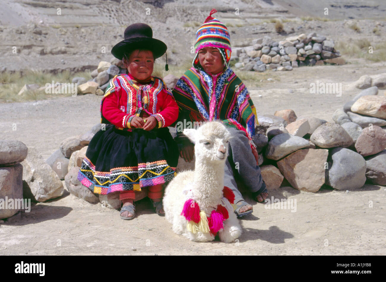 Jungen und Mädchen in traditionellen bestickt Kleidung mit einem Baby-Alpaka  im Großraum Colca Canyon in Peru Stockfotografie - Alamy