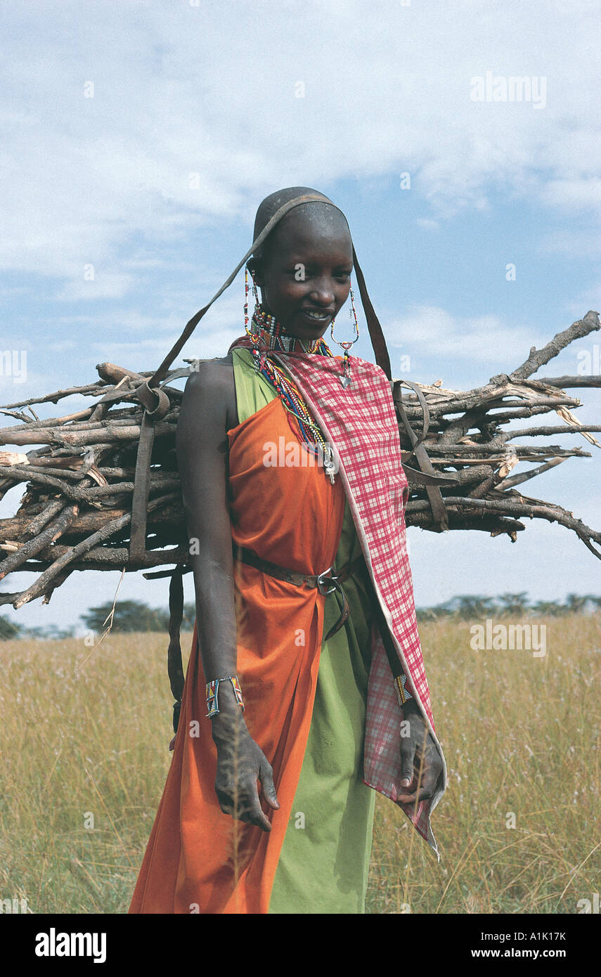 Junge Massai Frau mit Brennholz auf Aitong Ebenen Masai Mara National Reserve Kenya Stockfoto