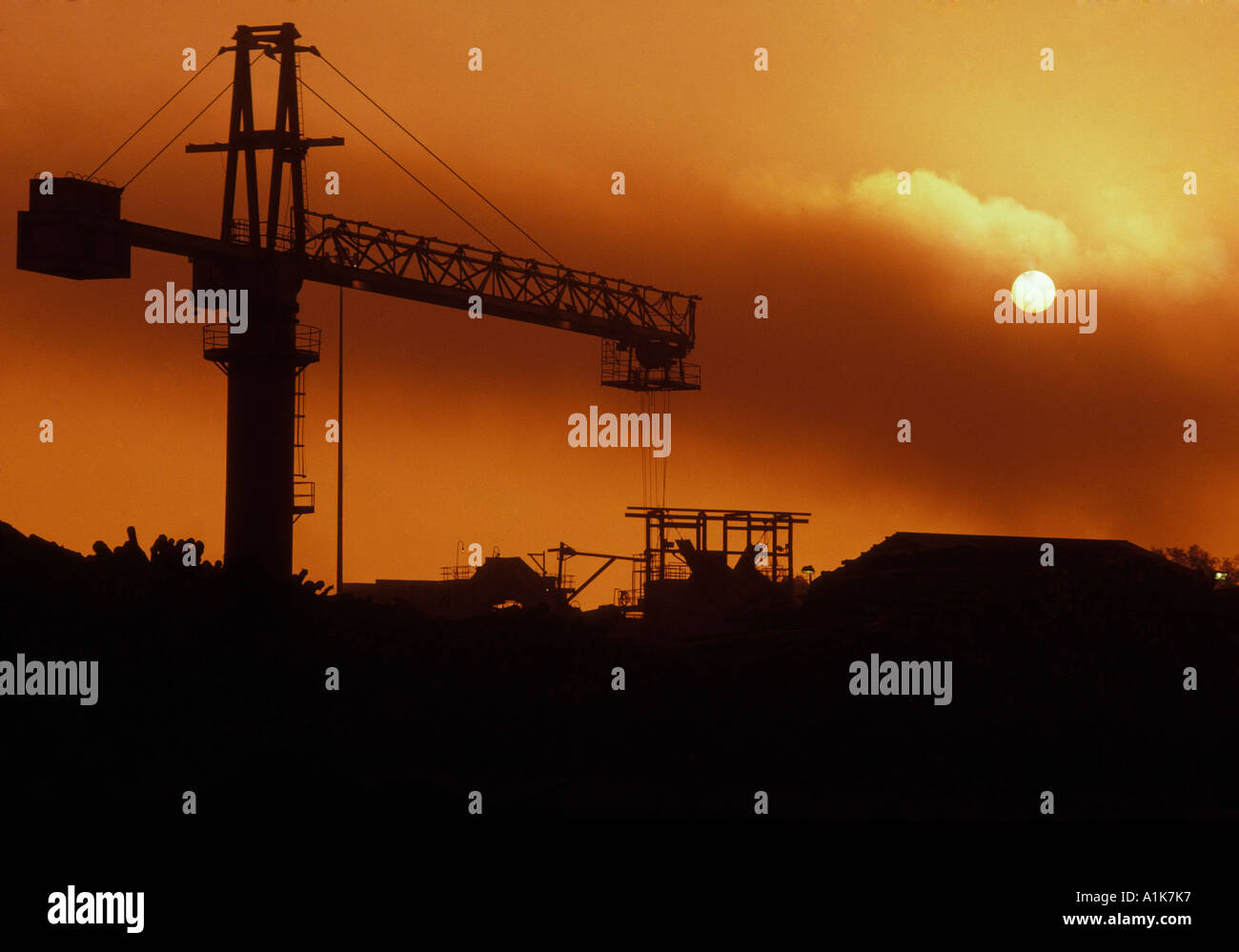 Sonnenuntergang Silhouette der Protokollierung Kran zum Verschieben von Protokollen Stockfoto