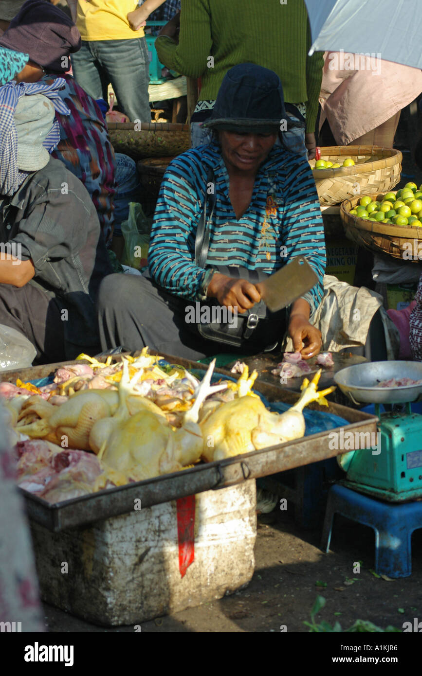 Kambodschanische Frau verkaufen Hühner im freien Markt Phnom Phen Kambodscha Stockfoto