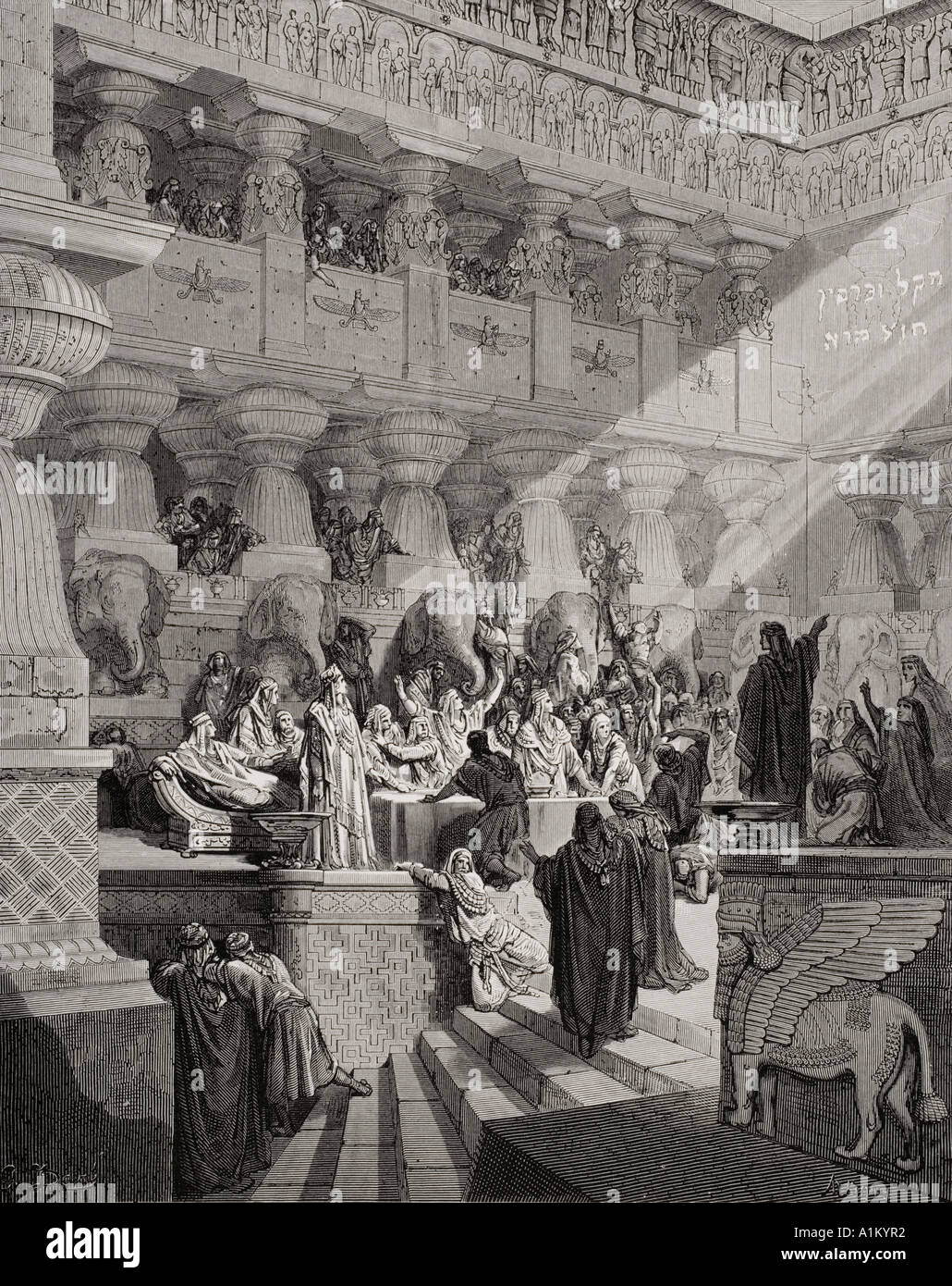 Gravur zur Veranschaulichung von Daniel v 25. bis 28. Daniel Interpretation der Schrift an der Wand von der Dore Bibel von Gustave Dore Stockfoto
