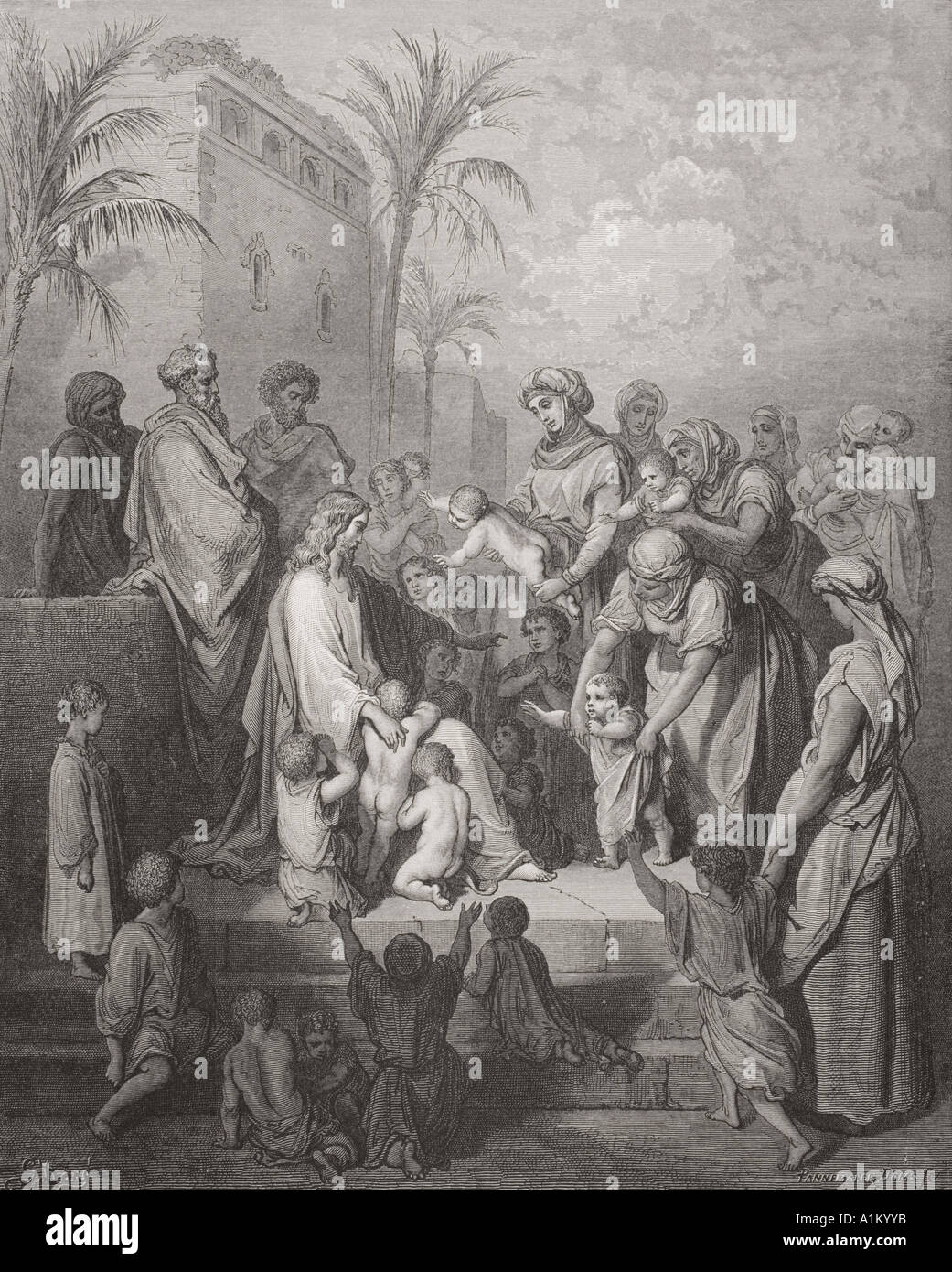 Gravur von Dore Bibel Illustration Mark x 13. bis 16. Jesus segnet die Kinder von Gustave Dore Stockfoto