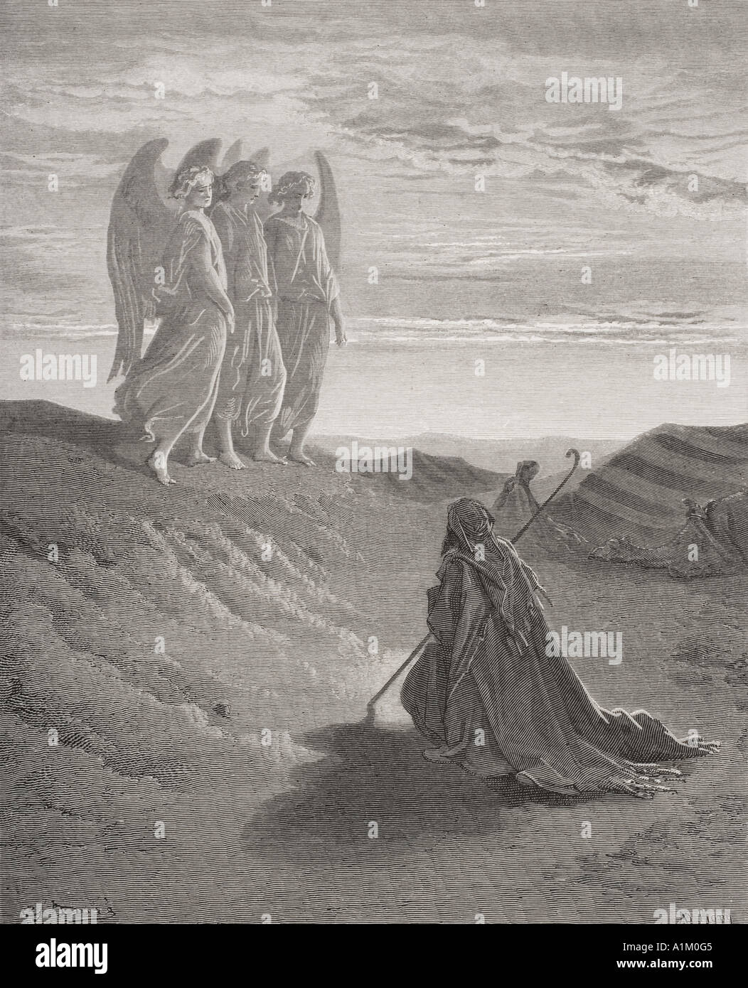 Kupferstich von Dore Bibel illustrieren Genesis Xviii 1 bis 8.  Abraham und die drei Engel von Gustave Dore Stockfoto