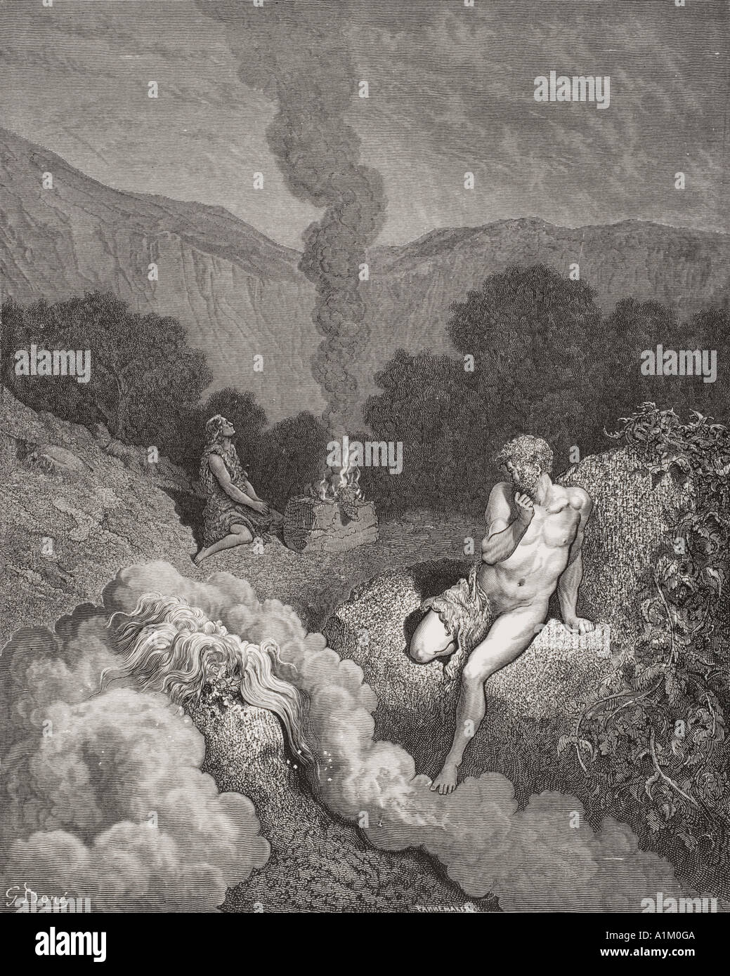 Gravur von Dore Bibel, Genesis iv 3 bis 5. Kain und Abel, ihre Opfer von Gustave Dore. Stockfoto
