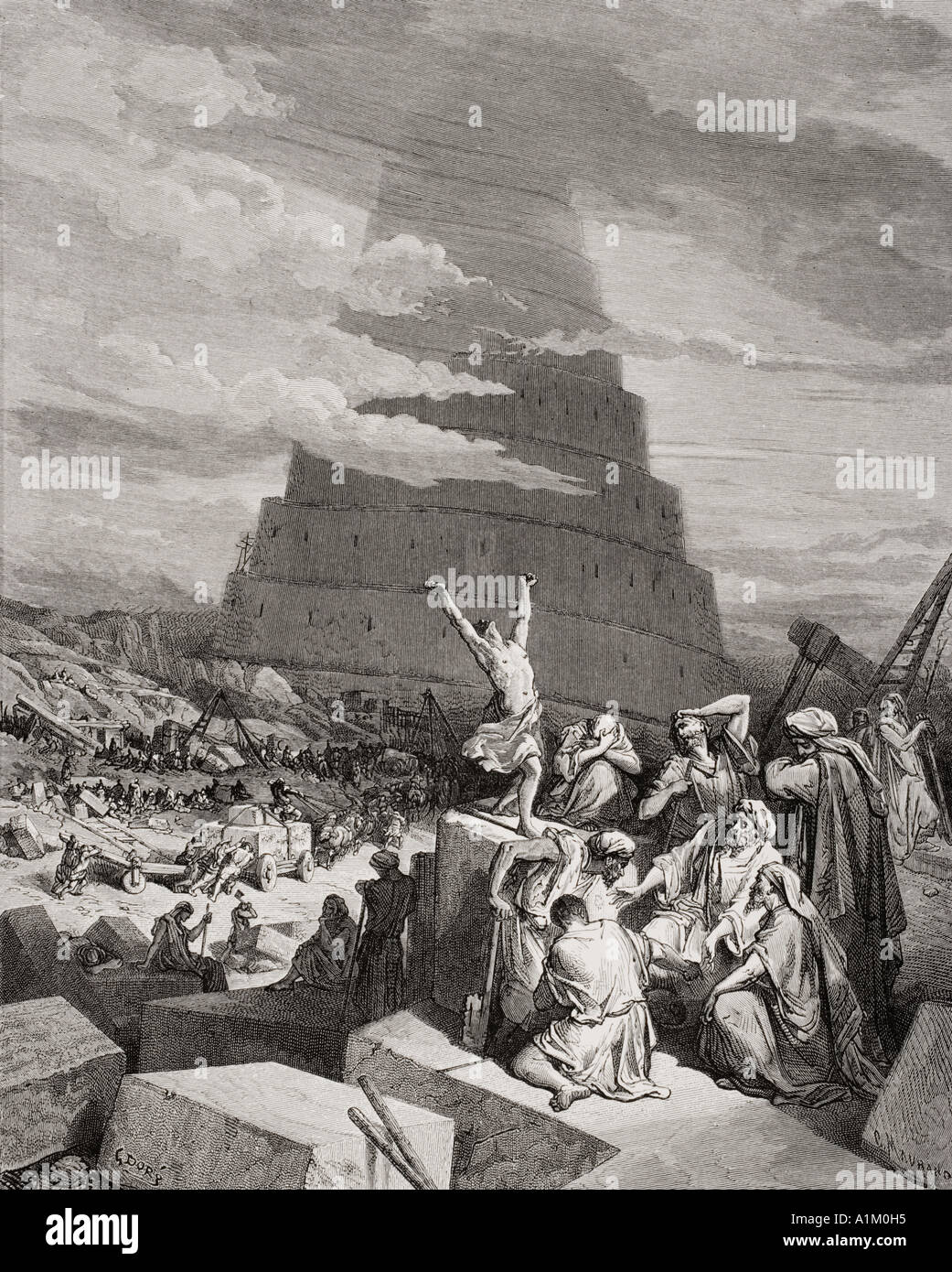 Gravur von Dore Bibel, Genesis 7 bis 9 xi. Die Verwirrung der Sprachen von Gustave Dore. Stockfoto