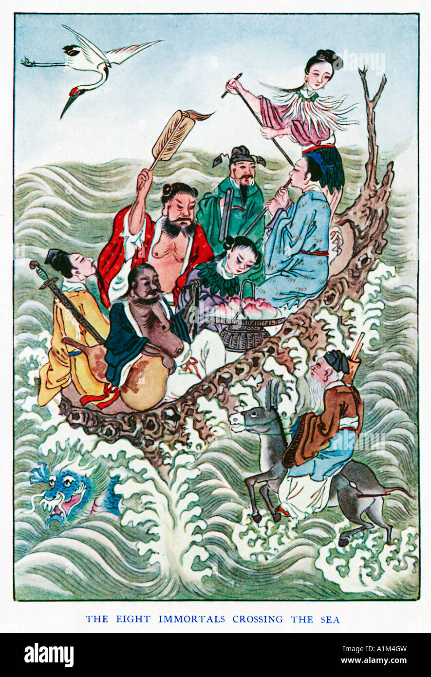 Die acht unsterblichen überqueren das Meer Pa Hsien Kuo Hai die taoistische Gottheiten der 1920er Jahre Illustration eines chinesischen Künstlers Stockfoto