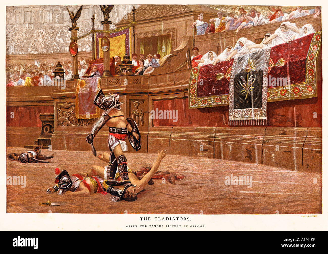 Die Gladiatoren viktorianischen Gravur der 1872-Gemälde von Jean Leon Gerome der Daumen nach unten in die römische Spiele Stockfoto