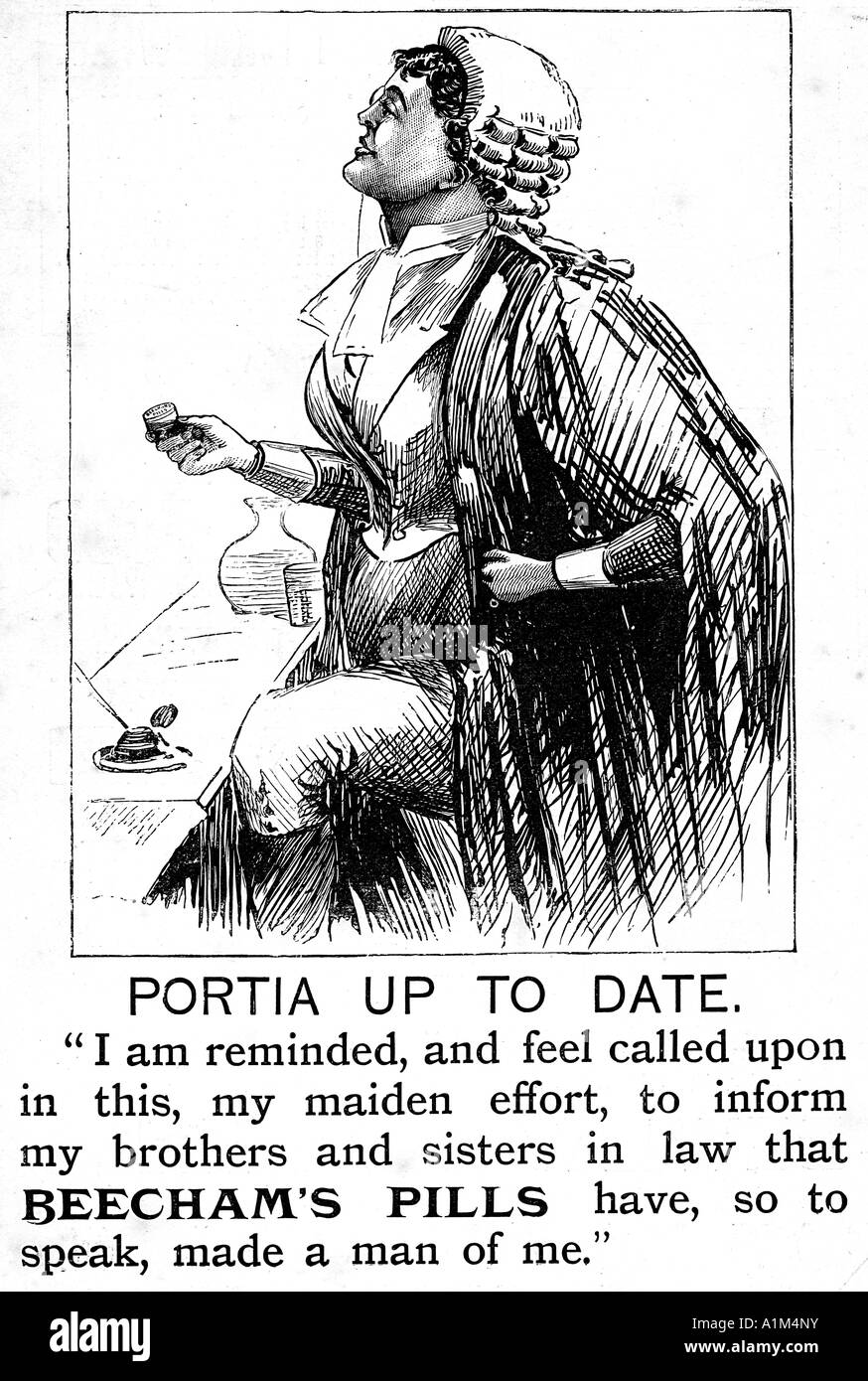 Portia Up To Date A späten viktorianischen Werbung für Pillen Beechams als Dame Anwälte eher seltener als heute waren Stockfoto