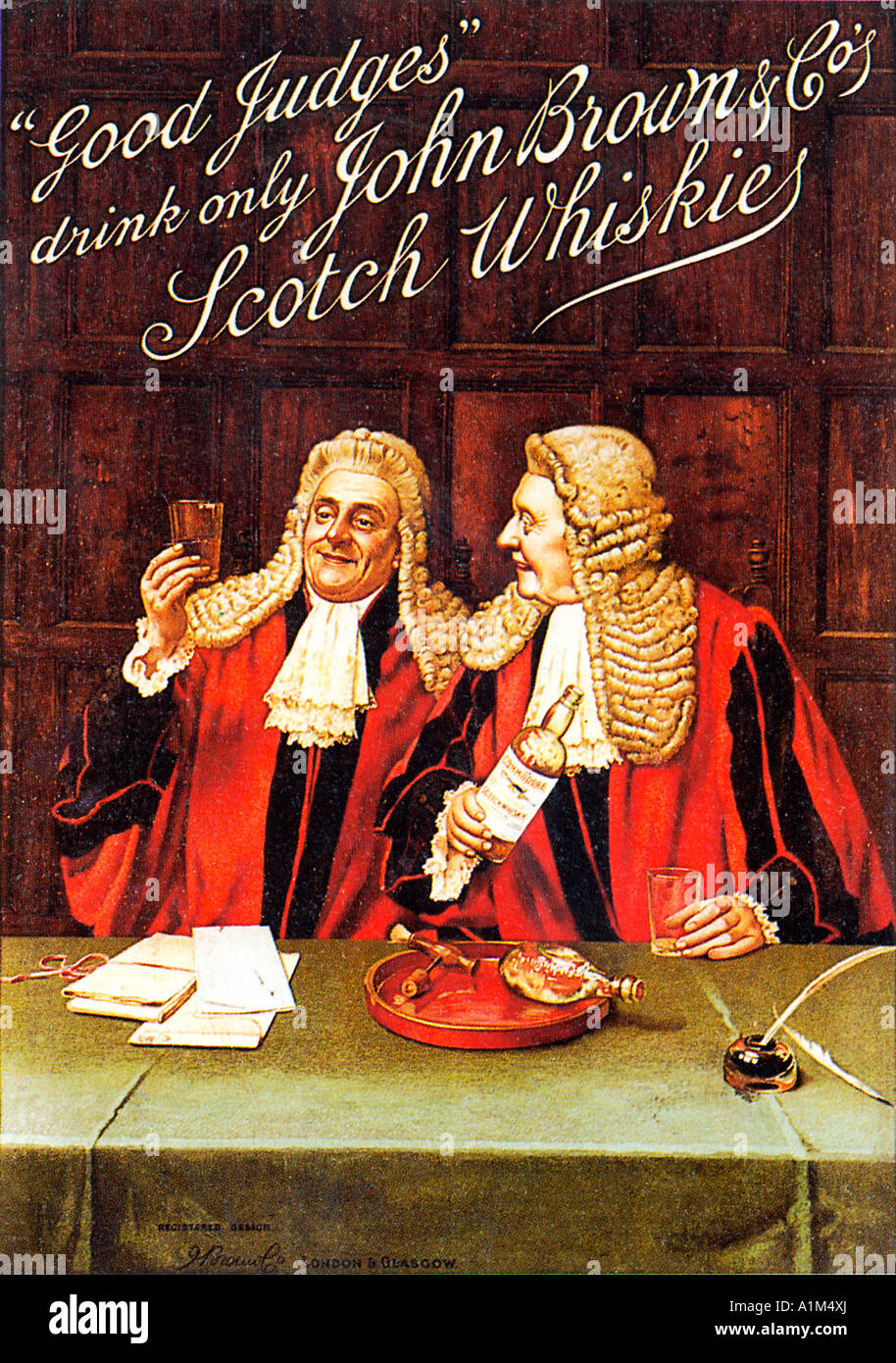 Gute Richter trinken nur John Brown Scotch Whiskys späten viktorianischen Werbung mit Rechtsgutachten hinter den whisky Stockfoto