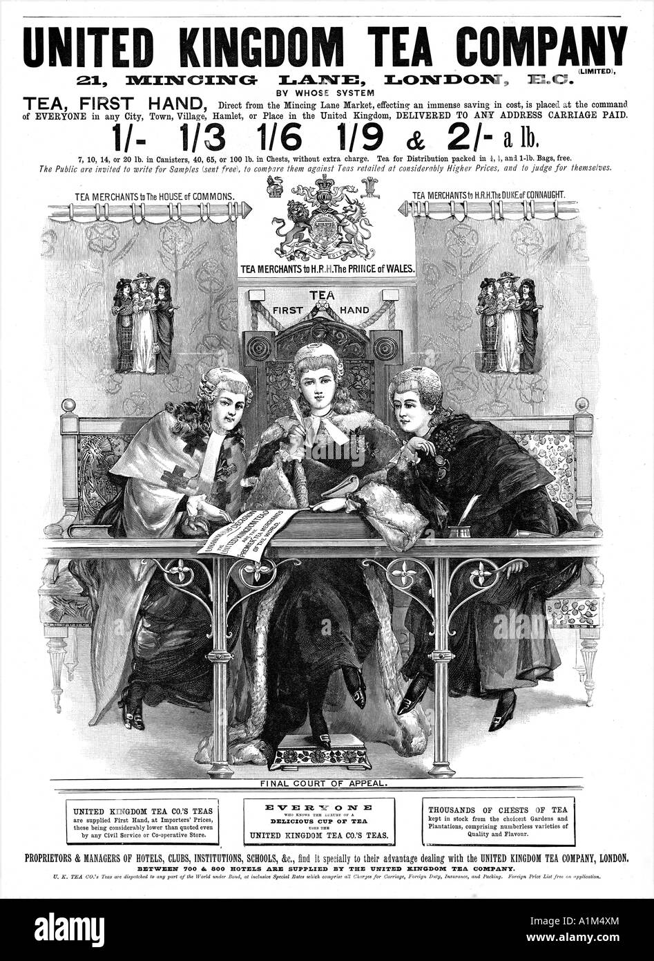 UK Tea Company späten viktorianischen Werbung für die Londoner Firma beurteilt der premier Tee Händler In der Welt zu sein Stockfoto