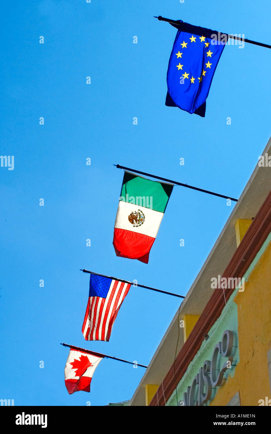 Fahnen European mexikanischen Canadian American Stockfoto