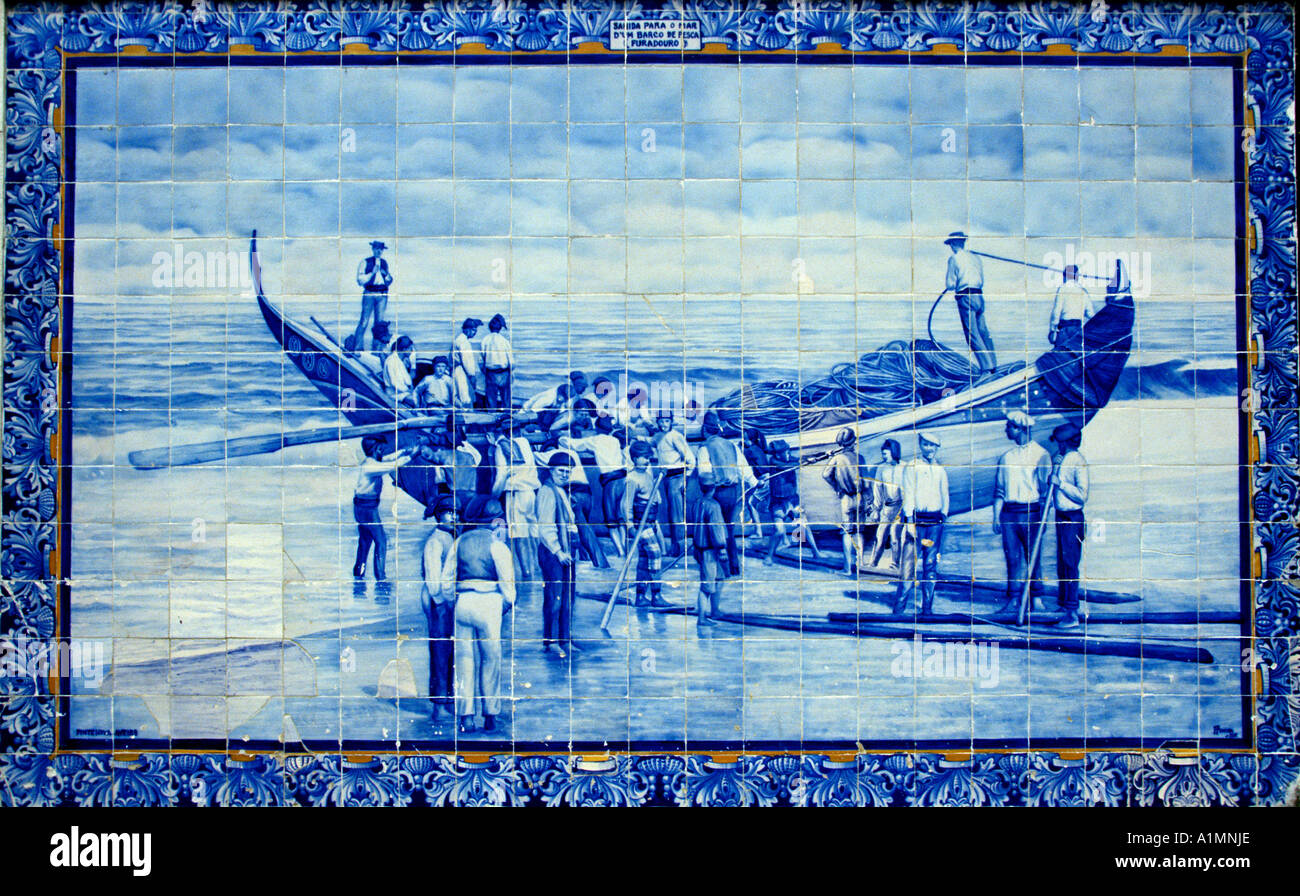 Angeln Boot Meer Fliesen Azuleos Fliesen Portugal Stockfoto