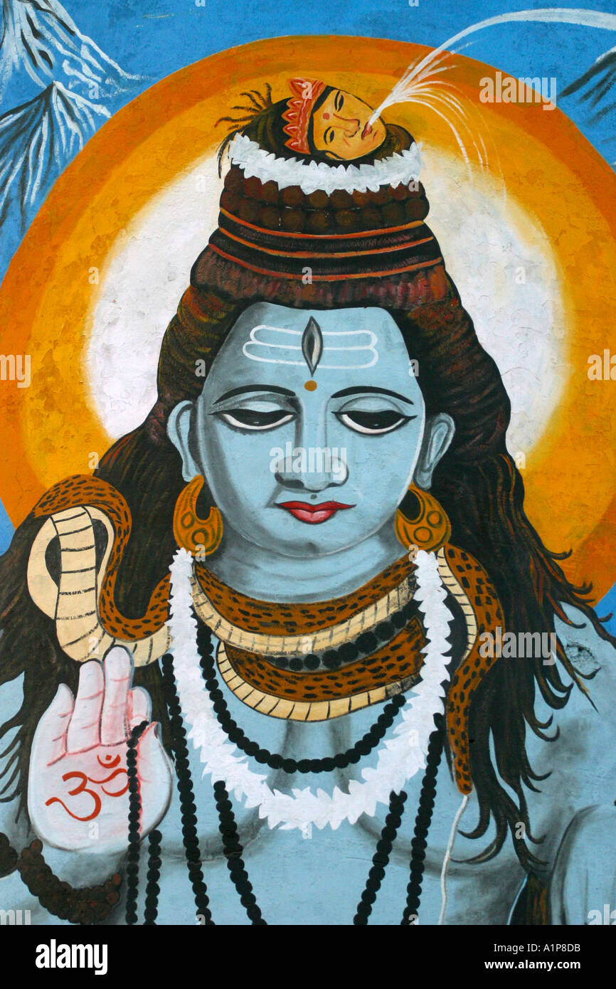 Eine Wandmalerei Darstellung des Hindu-Gottes Shiva in Varanasi im nördlichen Indien Stockfoto