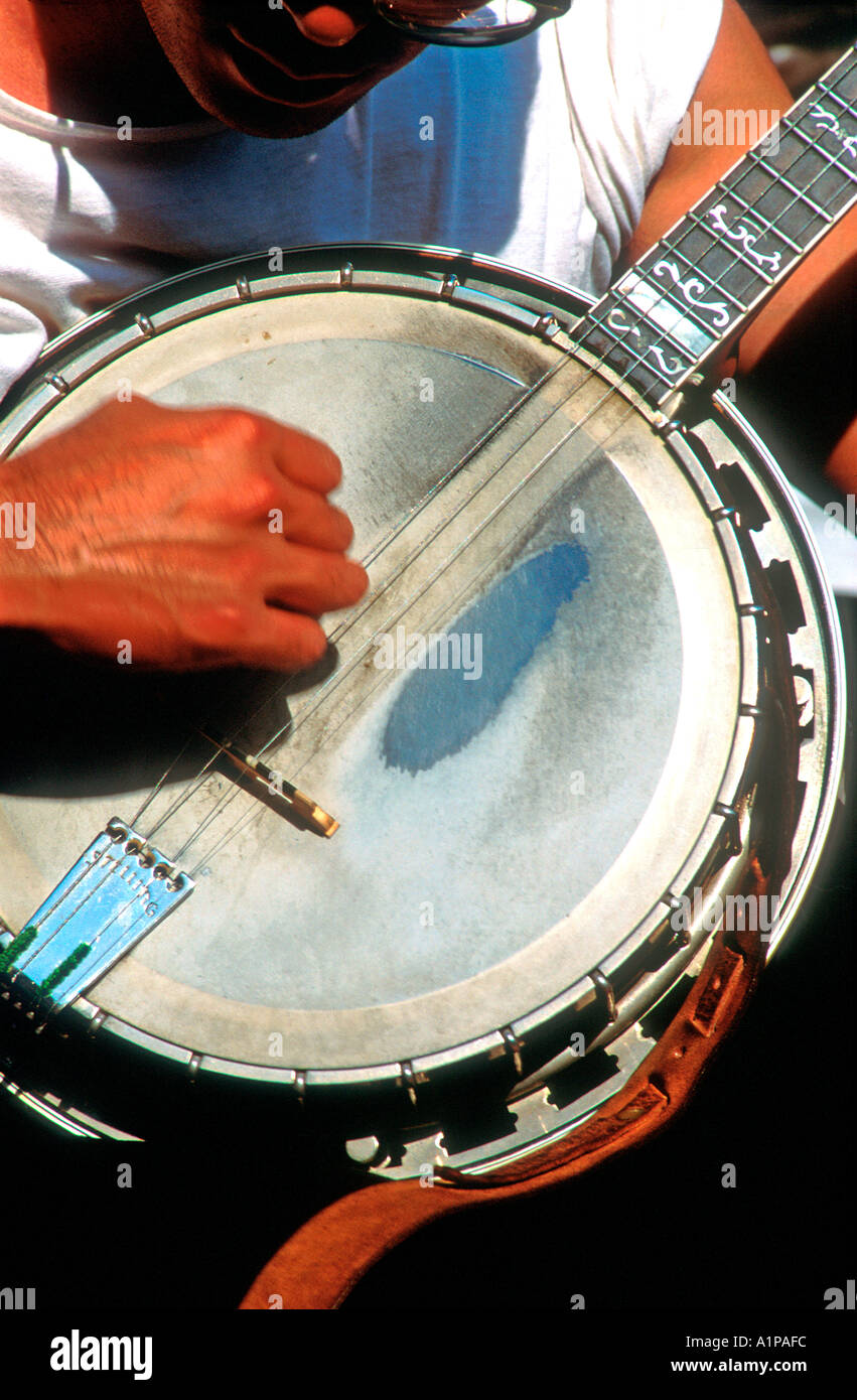 Straßenmusiker spielt Banjo, Jackson Square, New Orleans, Louisiana, USA Stockfoto