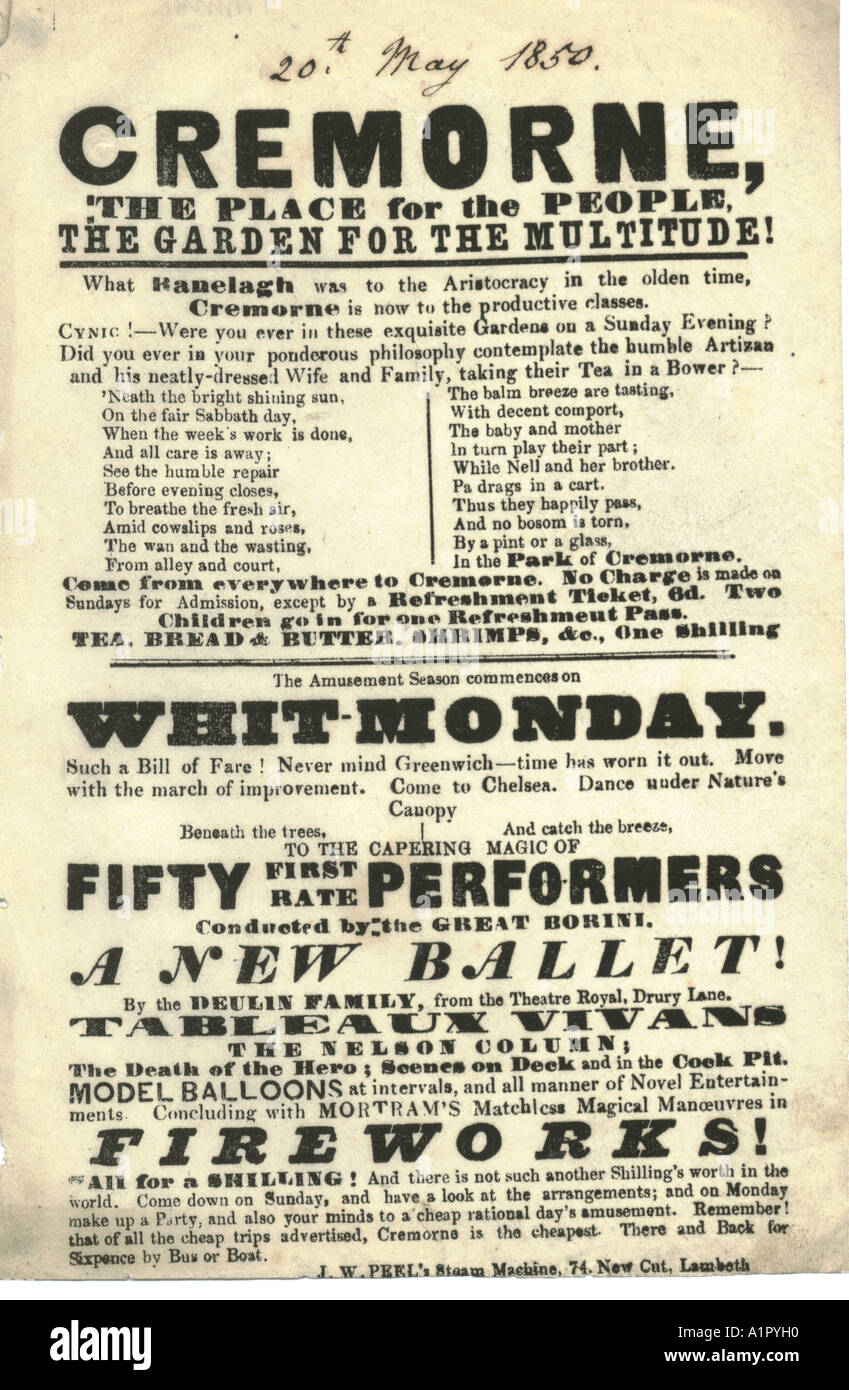 Buchdruck Flugblatt Plakat werbung Royal Cremorne Gärten, 20. Mai 1850 Stockfoto