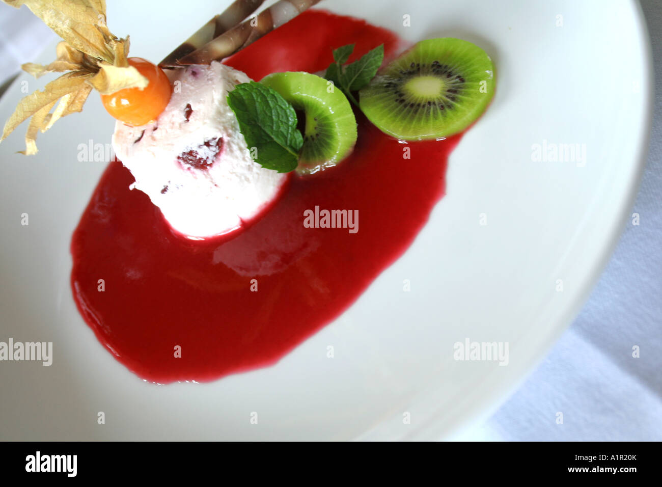 Dessert mit Eis, Kiwischeiben und roter Sauce auf einem weißen Teller, garniert mit Physalis und Minzblättern. Stockfoto