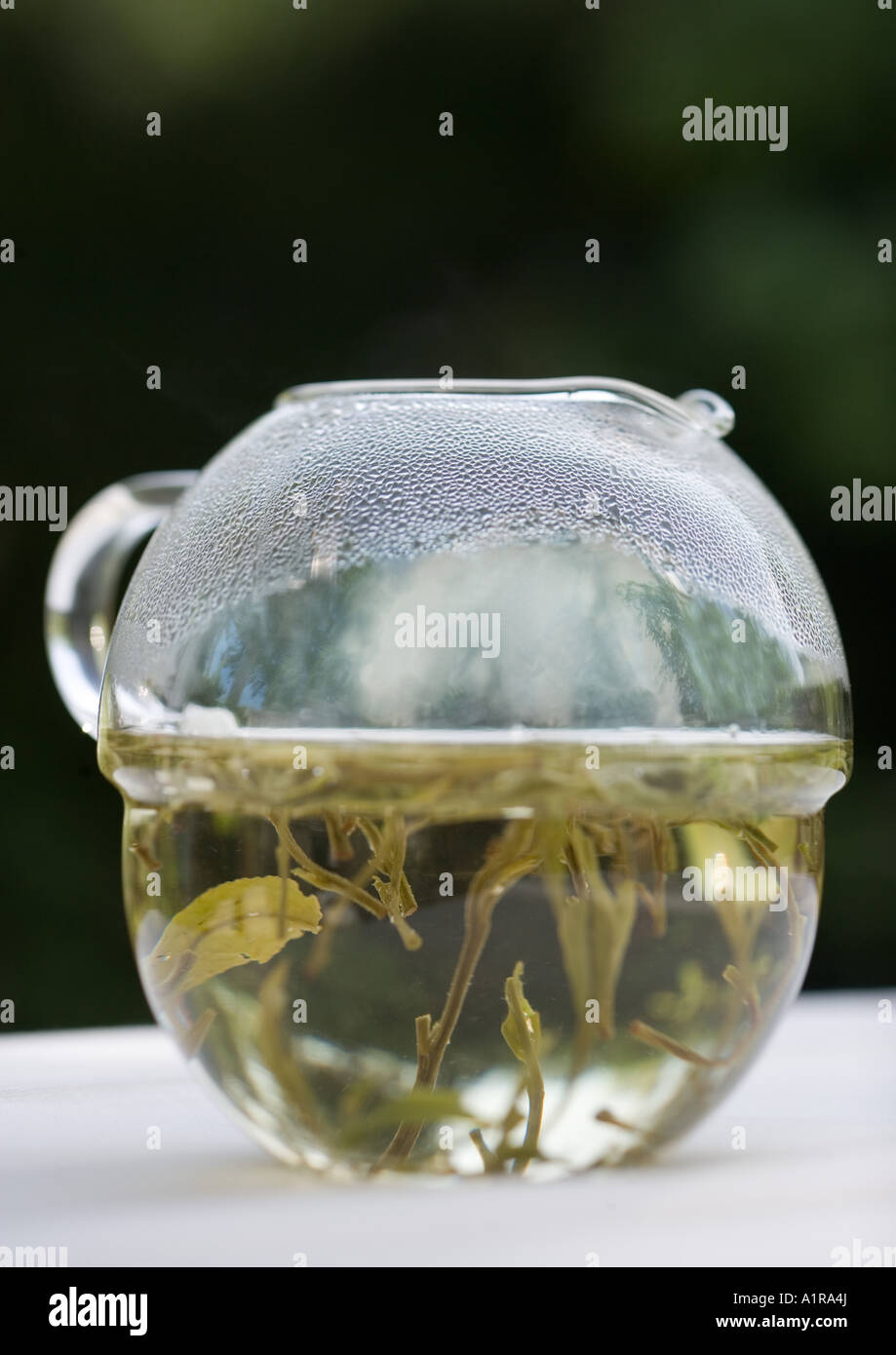 Teekanne mit losem Teeblätter Stockfoto
