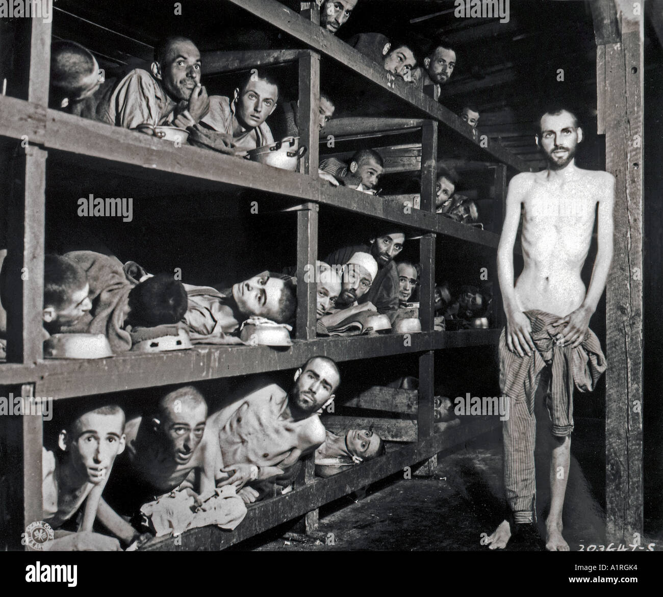 Überlebende des Holocaust Elie Wiesel 1945. Wiesel ist in der zweiten Zeile von unten Siebter von links. Stockfoto