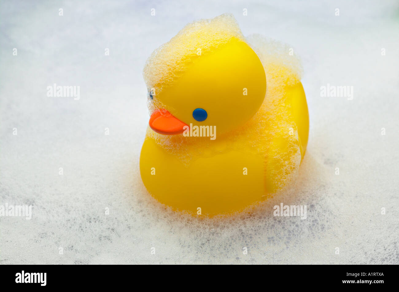 Rubber Duck in der Wanne voller Seifenschaum Stockfoto