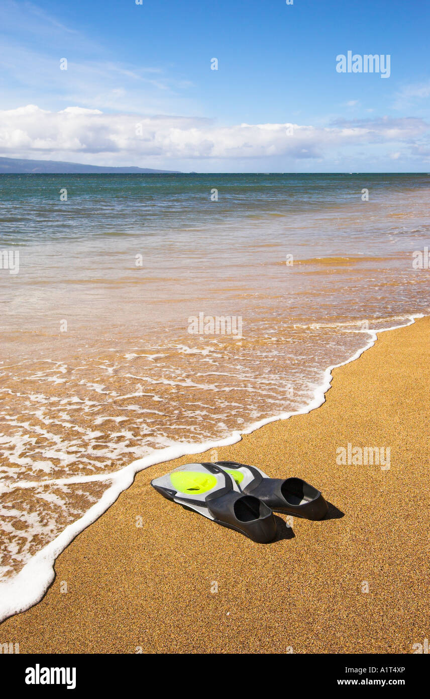 Ein paar der Schnorchel Flossen auf Kahana Beach, Maui, Hawaii, USA (August 2006) Stockfoto