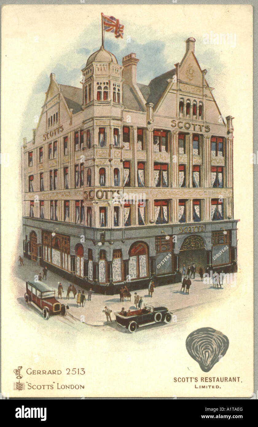 Werbe Postkarte für Scotts Restaurant, London, ca. 1920 Stockfoto