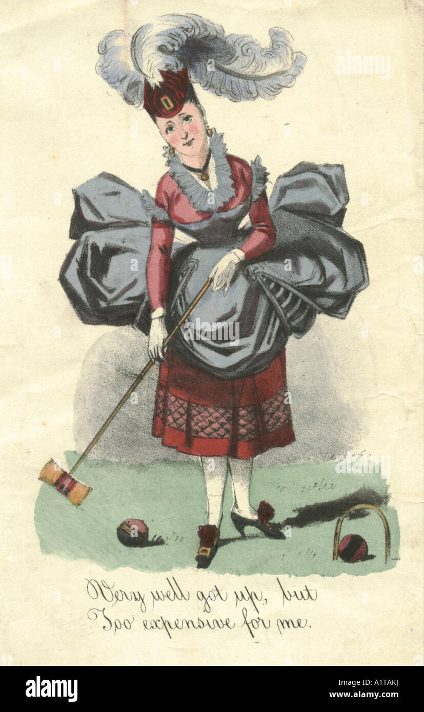 Handkolorierter valentinstag eines Mädchens, das Krocket spielt, um 1890 Stockfoto